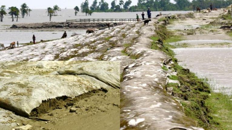 ব্যবহৃত জিওব্যাগ বিভিন্ন স্থানে ফেটে গেছে, ইনসেটে ফেটে যাওয়া জিওব্যাগ।